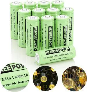 Henreepow Ni-MH 2/3AAA 1.2v 400mAh Rechargeable Batteries,Low Self-Discharge, Long Range with Button Top for Solar Lights,Length 2/3 The Size of AAA Batteries(12 Pack)(Not AAA Size Batteries)