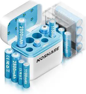 Rechargeable AA AAA Batteries with Charger 16Pcs,1.2V Ni-MH Rechargeable Batteries with 8 * 2800mAh AA and 8 * 1100 mAh AAA,Pre-Charge,Type-C and 8 Slot Charger