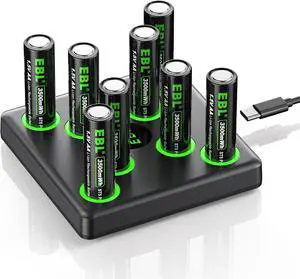 EBL Rechargeable AA Batteries Lithium, 8-Pack 1.5V 3500mWh High Capacity Long Lasting Li-ion Double a Batteries with Charger Dock
