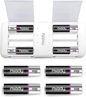 Miady Rechargeable Lithium AA Batteries 8 Pack with Fast Charger, 1.5V 2500mWh High-Power Lithium Batteries AA,Low Self-Discharge Double A Batteries up to 2000+ Cycles