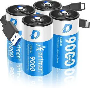 Artman Rechargeable Lithium D Batteries 4 Pack, 9000mWh Rechargeable Lithium-ion D Cell Battery with 2 in 1 USB-C Charging Cable, 1.5V Batteries D Size for Floodlight Toys, Water Heater, Gas Stove