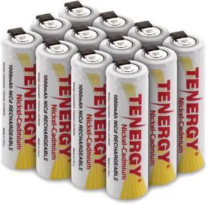 Tenergy Rechargeable 1.2V AA NiCD Battery, 1000mAh High Capacity Batteries Flat Top with Tabs for Shavers, Trimmers, Razors, 12 Pack