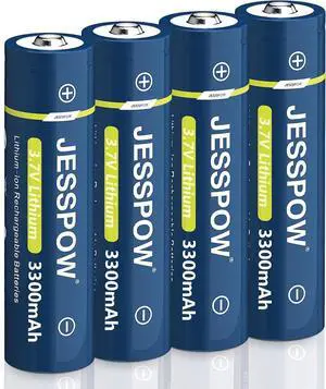 JESSPOW 4 Pack 3.7 Volt Button Top 18650 Rechargeable Batteries,Lithium Battery 3300mAh for Flashlights, Headlamps, Doorbells, RC Cars,Outdoor Garden Lights