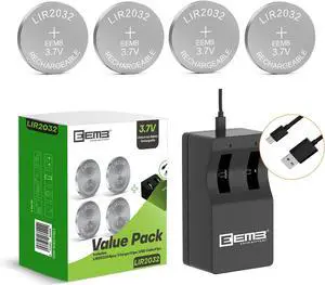 EEMB 2032 Rechargeable Batteries with Charger LIR2032 3.7V Lithium-ion Coin Button Cell Batteries 45mAh Remote Key Fob Watch 4PCS