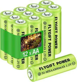 FlyGift AA Rechargeable Batteries 800mAh Ni-MH Double A 1.2V High Capacity Precharged Solar Batteries for Garden Lights, Landscape Outdoor Solar Lights, Pack of 12