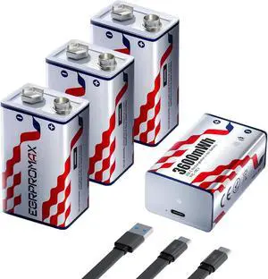 9V Rechargeable Lithium Batteries 4-Pack, 3600mWh High Capacity, 2.5H Fast USB-C with 2-in-1 Charging Cable, 1200+ Cycles Long Life, for Smoke Detectors, Alarms, Multimeters, Microphones