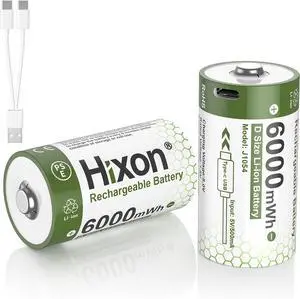 Hixon 1.5V USB Rechargeable Lithium Batteries D Size, 6000mWh Rechargeable D Battery, Charges 3 Hours, Over 1500 Cycles, 2-in-1 USB-A to USB-C Charging Cable, LED Charge Indicator, 2-Pack
