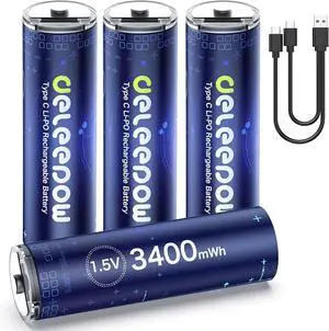 Deleepow Rechargeable AA Batteries USB 3400mWh AA Lithium Rechargeable Batteries 1500 Cycle with USB C Cable 4-Pack