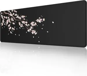 ETZ Japanese Plum Blossoms Black Mouse Pad (31.5 × 11.8 × 0.12 inch) Extended Large Mouse Mat Desk Pad, Stitched Edges Mousepad,Non-Slip Rubber Base,Gaming Mouse Pad XL.