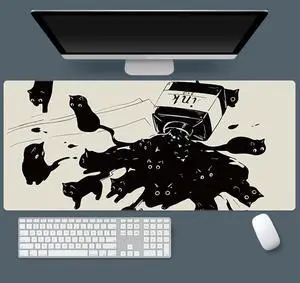 Gaming Mouse Pad XXL Extended Anime Mouse Pad 31.5x15.7inch, Large Cute Kawaii Big Computer Mouse Mat Desk Pad with Non-Slip Rubber Base and Stitched Edge for Home Office-Black Ink Cat