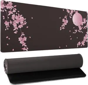 Sakura Cherry Blossom Extended Gaming Mouse Pad Non-Slip Rubber Base Pink Large Mousepad 31.5x11.8in with Stitched Edge Waterproof Flower Keyboard Pads Black Desk Laptop Mats for Work/Game/Office
