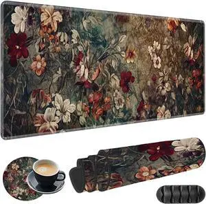 Large Gaming Mouse Pad Plus a Coasters + Cable Clips, Dark Art Flowers Extended Mousepad (31.5 x 11.8) with Stitched Edge, Foldable Computer Keyboard Desktop Mouse Mat for Home Office