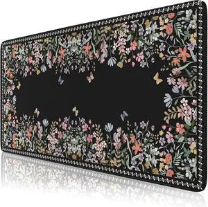 HAOCOO Floral Desk Pad for Keyboard and Mouse, Black Mouse Pad with Non-Slip Rubber Base, XXL Keyboard Mat with Edge Stitching, Soft Computer Mat, Gaming, Office Aesthetics