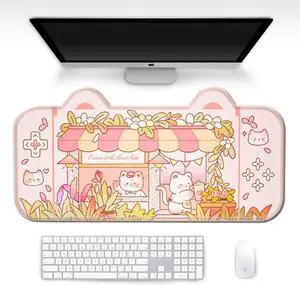 PERFECTSIGHT Cute Cat Desk Mat Kawaii Flower Store Desk Pad, Pink Switch Large Gaming Mouse Pad, Funny Florists Deskmat Mousepad, Anime Laptop Keyboard Pad Office Home Decor for Women Girls, Kitty