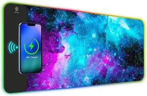 AIMSA Wireless Charging RGB Gaming Mouse Pad 15W, Extended LED Desk Mat Protector 800x300x4MM, 14 Light Modes Extra Large Mousepad Non-Slip Rubber Base Desk Mat, Galaxy Nebula Universe