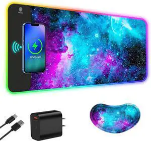 ToLuLu Wireless Charging RGB Gaming Mouse Pad, 15W LED Mouse Mat with 30W Charger, 14 Light Modes Large Mousepad with Wrist Support, Non-Slip Rubber Base Desk Mat Computer Keyboard Pad, Galaxy Nebula