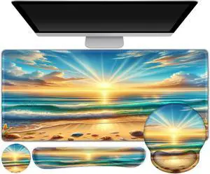 Gaming Mouse Pad, Large Desk Mat, Cute Desk Pad Protector, 4in1 XXL Mousepad + Keyboard Wrist Rest+Mouse Wrist Rest+Coaster Set with Ergonomic Desk Pad for Home Office Computer, Beach Sun Shell
