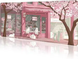 Cat Mouse Pad Large Desk Mat, Pink Cherry Blossom Computer Mousepad with Stitched Edges Non-Slip, Keyboard Mouse Pad for Desktop Cute Office Desk Accessories Japanese Dessert House 31.5in