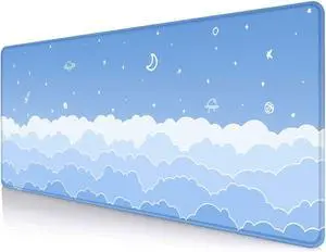 Cute Pastel Blue Desk Mat, Minimalist Large Gaming Mouse Pad Mousepad, Kawaii Anime Gaming Deskmat, Gradient White Clouds Computer Pad, Aesthetic Stars Moon Deskpad, 31.5 X 11.8 Inch