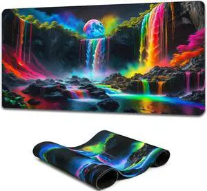 Simpkeely Large Fantasy Waterfall Gaming Mouse Pad - Blacklight Waterproof Glowing Desk Mat, 31.5" x 11.8" Extended Non-Slip Rubber Base for Office & Home