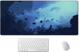 SSOIU Blue Ocean Big Turtle Desk Mat, Under The Sea Peaceful Extra Large Mouse Pad, Extended Gaming Mat 35.5" X 15.7", Large Non-Slip Rubber Base with Stitched Edges