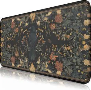 Raven Blackbird Floral Dark Academia Desk Mat Mouse Pad XXL Large Gaming Mouse Pad Cottagecore Desk Matt for Desktop for Office,Computer,Keyboard,Laptop and Home 31.5 X 15.7inch
