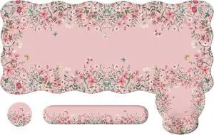 iCasso Desk Mat Set,Large Mouse Pad with Wrist Rest,Ergonomic Keyboard Wrist Support for Women,Girly Floral Computer Mat with Scalloped Edges,Non-Slip Desk Pad Home Office Gaming (Pink)
