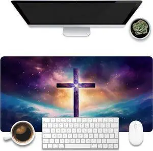 Large Gaming Mouse Pad, Jesus Cross Abstract Galaxy Cosmic Desk Pad, 31.5"x15.7" Extended Big Computer Keyboard Mouse Pad with Non-Slip Base and Stitched Edge