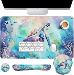 Britimes Keyboard Mouse Pad Set 4in1 Large Mousepad+Keyboard Wrist Rest+Mouse Wrist Rest+Coaster Set with Ergonomic Design for Home Office Computer 35.4x15.7Inches (Sea Turtle Cute Ocean)
