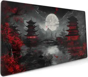 Japanese Mouse Pad XXL 35.4 X 15.7 Inch Black Red Design Style Extended Large Gaming Mousepad Keyboard Full Desk Mat Non-Slip Rubber Base Stitched Edges for Home Office