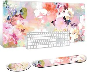 Auhoahsil Large Mouse Pad with Wrist Rests for Keyboard & Mouse, Thick Soft Ergonomic Memory Foam Wrist Supports, Big & Long Desk Mat 35.5 x 15.7 in, for Office Gaming Computer, Pink Flowers