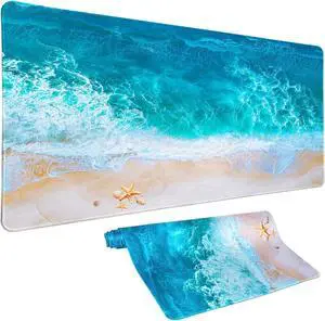 Blue Ocean Mouse Pad Desk Mat Starfish Beach Big Gaming Mouse Pad Anime Desk Pad Mousepad XXL Extended Keyboard Mat, Computer Laptop Mouse Mat for Work, Game, Office, Home, Waterproof, 31.5 x 15.7 in