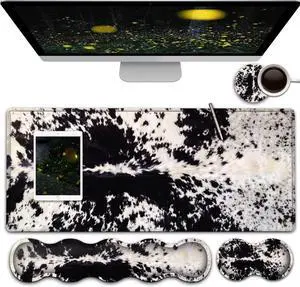 Gaming Mouse Pad and Keyboard Wrist Rest, Large Extended Mouse Pad 31.5X 11.8,Ergonomic Memory Foam Wrist Rest Support+Desk Mat Protector,for Office/Home Writing Pad, Black & White Cow Hair Mousepad