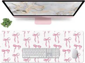 Large Pink Mouse Pad, White Pink Bow Desk Mat Cute Gaming Mouse Pad for Laptop Computer PC, Non-Slip Rubber Base Mousepad, Bows Desk Mat Office Accessories Desktop Decor for Girls Women 31.5 x 11.8in
