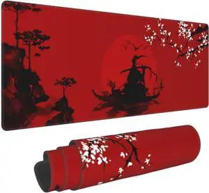 Japanese Cherry Blossom Samurai Black Red XXL XL Large Gaming Mouse Pad for Desk, Non-Slip Long Extended Keyboard Pads Mousepad Rubber Table Mat 31.5 X 11.8 Inch