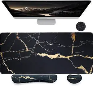 Bloss Gaming Mouse Pad Set, Large Desk Mat + Keyboard Wrist Rest + Mouse Wrist Support + Cup Coaster, Non-Slip Desk Pad, Computer Desk Accessories-Black Marble (35.4 x 15.7 Inches)