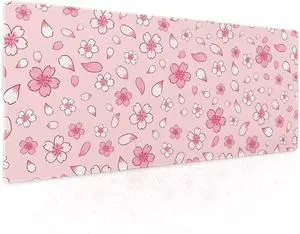 Pink Cherry Blossom Gaming Mouse Pad XL Cute Anime Aesthetics Floral Extended Kawaii Flowers Large Mousepad Non-Slip Rubber Base Stitched Edge Long Keyboard Desk Mat for Computer,31.5×11.8 Inch