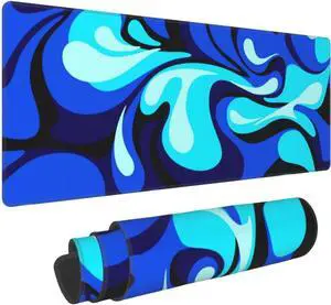 Camo Cool Liquid Large Gaming Mouse Pad, Abstract Fluid Extended Keyboard Mouse Mat, Long Blue and White Computer Gaming Mousepad for Home Office Work Desk Stitched Eges Non-Slip Base Mouse Pads