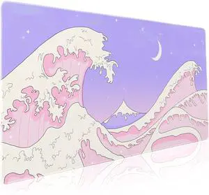 Pink Purple Japanese Anime Gaming Mouse Pad XXL Cute Kawaii Aesthetic Sea Wave Extended Large Desk Mat Non-Slip Rubber Base Stitched Edge Long Keyboard Mousepad for PC Computer Laptop,35.4×15.7 in