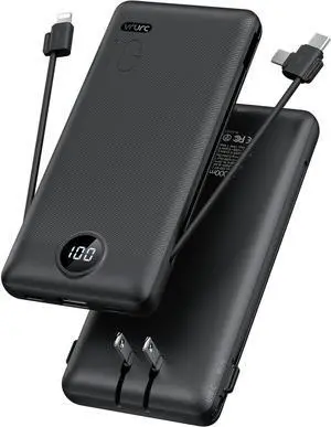 Portable Charger,Power Bank Built-in Cables and AC Wall Plug,VRURC USB C Portable Bank 10000mAh,Travel Essentials Phone Charger Compact Lightweight External Battery Pack for Smart Phones,Tablets-Black