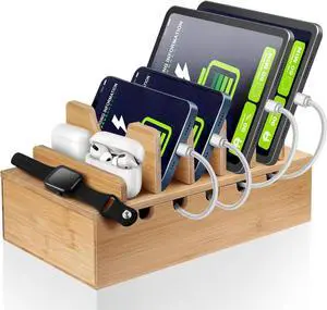 Bamboo Charging Station for Multiple Devices, Cell Phone Docking Charging Station Organizer, Nightstand Bedside Desk Device Charger Organizer for Laptop, Tablets and iPads