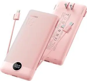 Portable Charger Compatible with iPhone, Built-in Cables and Wall Plug USB C Power Bank 10000mAh, Slim LED Display Battery Pack for Smart Phones & More (Pink)