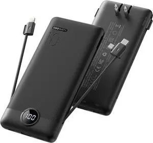 Portable Charger with Wall Plug, Slim USB C Power Bank with Built-in Cables, 10000mah LED Display External Battery Pack Compatible with iPhone/Android & More (Black)