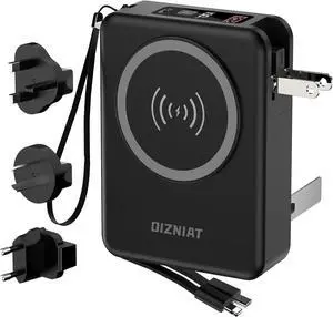 10000mAh Portable Charger Power Bank for magsafe, 22.5W Fast Charging Wall Plug Power Bank for iPhone Andriod Sumsung 5 in 1 Travel Wireless Charger Built in USB C Lightning Cables-B