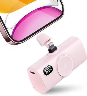 Ultra-Compact Pink Power Bank, 5000mah Mini Portable Charger Backup Battery Pack for iPhone 14/14 plus/14 pro/14 pro max/13/13 mini/13 pro/13 pro max/12/12 mini/12 pro/12 pro max/XR/XS Max, and More