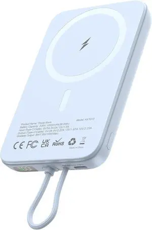 AsperX Magnetic Battery Pack, 10,000mAh Wireless Portable Charger, 25W USB-C Power Delivery Power Bank, Compatible for iPhone 16/15/14/13/12 Series, Blue