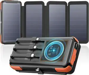 Solar-Charger-Power-Bank-49800mAh, 20W Fast Charging Portable Charger with Built-in 3 Cables & 4 Solar Panels, USB C Solar Battery Bank with LED Flashlights for Smartphones, Tablets
