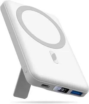 AOGUERBE for Mag-Safe Wireless Portable Charger, 10000mAh Magnetic Power Bank 22.5W Fast Charging, Mini Battery Pack with LED Display&Foldable Stand for iPhone 17/16/15/14/13/12 Series (Cloud White)