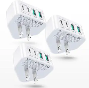 3-Pack USB C Charger Block, 40W 4 Port Flat Fast USB C Wall Charger PD 3.0 Power Adapter Multport Type C Charging Plug Brick for iPhone 16 15 Plus 14 13 12 11 Pro Max XS XR 8,Samsung,Tablet