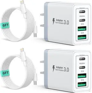 2 Pack USB C Wall Charger, 40W 4-Port USB C Fast Charger Block Dual Port QC+PD 3.0 Power Adapter, Multiport Type C Brick Charger with Lightning Cable for iPhone 14 13 12 11 Pro Max XS XR X 8 7 6 Plus